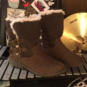 Brown fuzzy sweater leather boots